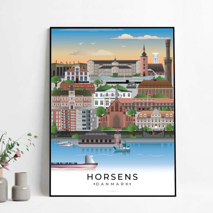 Horsens plakat, der fremhæver byens historiske bygninger, moderne arkitektur og den smukke natur omkring byen.
