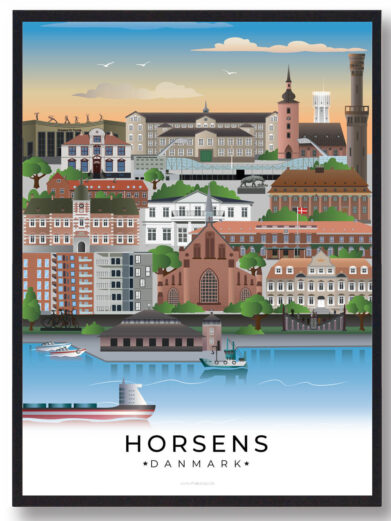 Horsens plakat, der viser den historiske bykerne med de gamle bygninger og et naturskønt landskab, der giver en fredfyldt atmosfære.