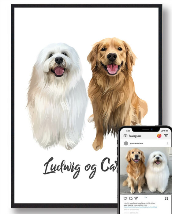 Skab en personlig plakat med dine to hunde! Med navne og flotte detaljer bliver det et smukt minde om dine kæledyr.