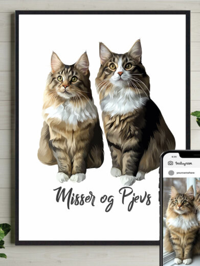 Få en personlig plakat med dine to katte. Tilføj deres navne for en tidløs og kærlig dekoration til dit hjem.