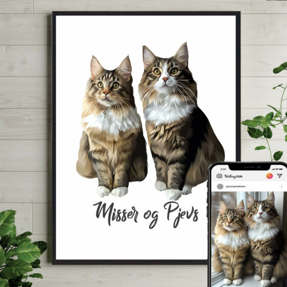 Få en personlig plakat med dine to katte. Tilføj deres navne for en tidløs og kærlig dekoration til dit hjem.