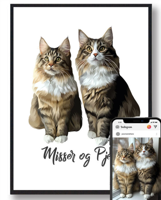 Katteportræt plakat med to personligheder. Tilføj navne og få en unik dekoration, der fejrer dine kattes særlige bånd.
