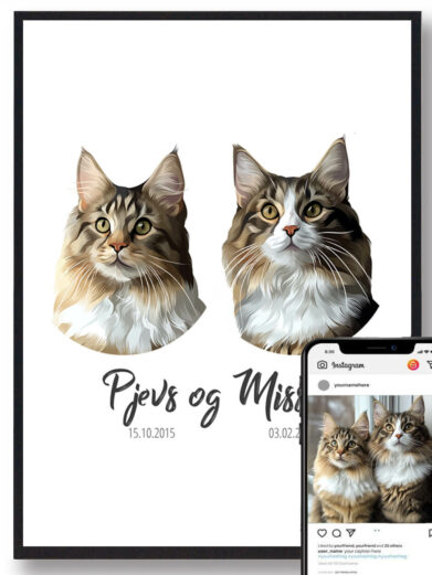Personlig katteportrætsplakat med to katte. Tilføj deres navne for en unik og elegant hyldest til dine elskede katte.
