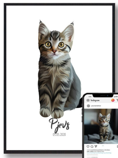 Personlig katteportrætsplakat med din kats navn og detaljer. En elegant og unik vægdekoration, der hylder din elskede kat.