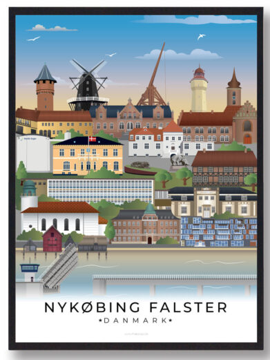 Nykøbing plakat med en stilfuld illustration af byens vartegn og landskab, der skaber en rolig og indbydende atmosfære.