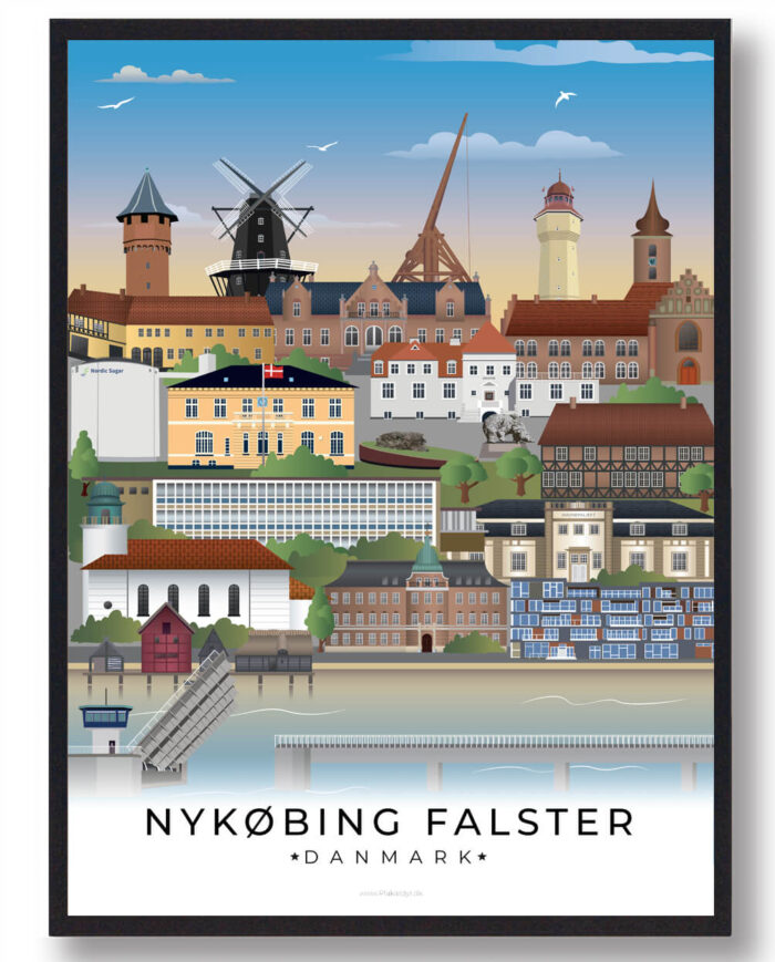 Nykøbing plakat med en stilfuld illustration af byens vartegn og landskab, der skaber en rolig og indbydende atmosfære.