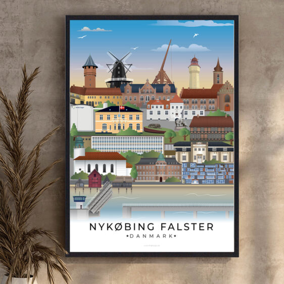 Denne Nykøbing plakat viser byens unikke blanding af gamle bygninger og moderne elementer, med smukke landskaber og kystlinje.