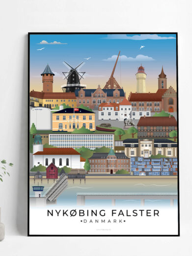 Nykøbing plakat, der fremhæver den historiske by med charmerende bygninger, smalle gader og den rolige atmosfære langs vandet.