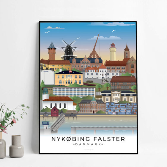 Nykøbing plakat, der fremhæver den historiske by med charmerende bygninger, smalle gader og den rolige atmosfære langs vandet.