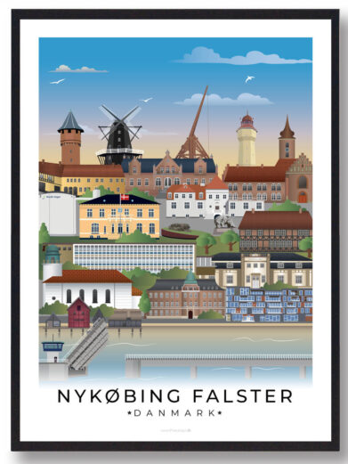 Nykøbing plakat, der illustrerer den fredfyldte by med sine farverige huse, hyggelige gader og den naturskønne kystlinje.