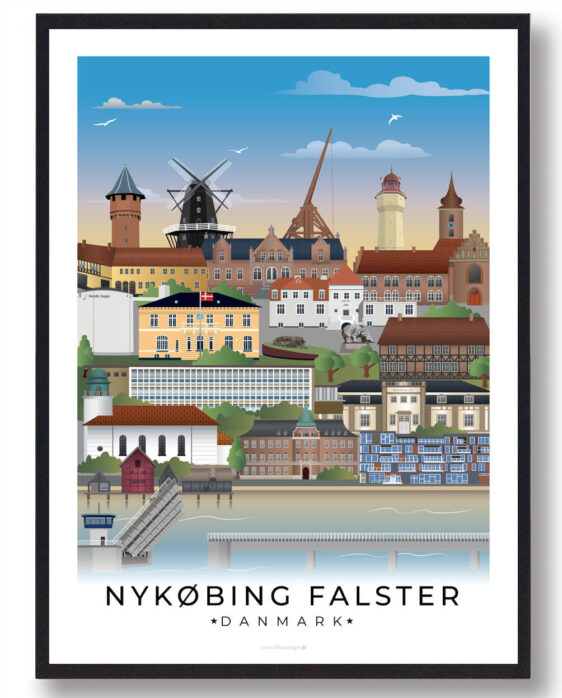 Nykøbing plakat, der illustrerer den fredfyldte by med sine farverige huse, hyggelige gader og den naturskønne kystlinje.
