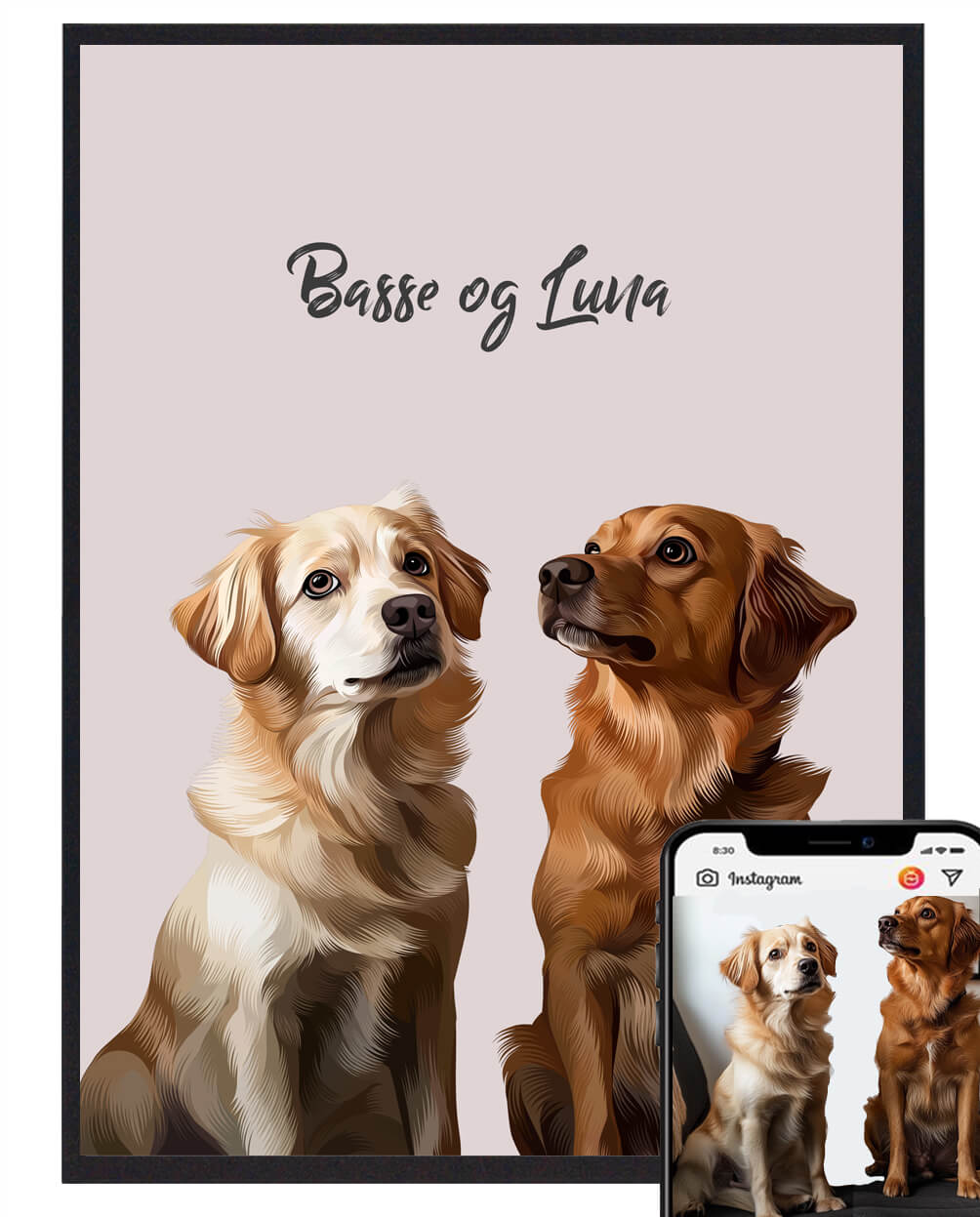 Hundeportræt Med 2 Hunde Og Hel Krop Farvet Baggrund Størrelse: L 50x70cm B2