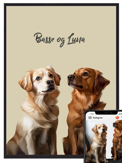 To hunde på én plakat – Et personligt hundeportræt med gul baggrund, der skaber et varmt og farverigt udtryk. Upload billeder og tilføj navne for at personliggøre dit kunstværk. Ideel som gave til dig selv eller en hundeelsker.