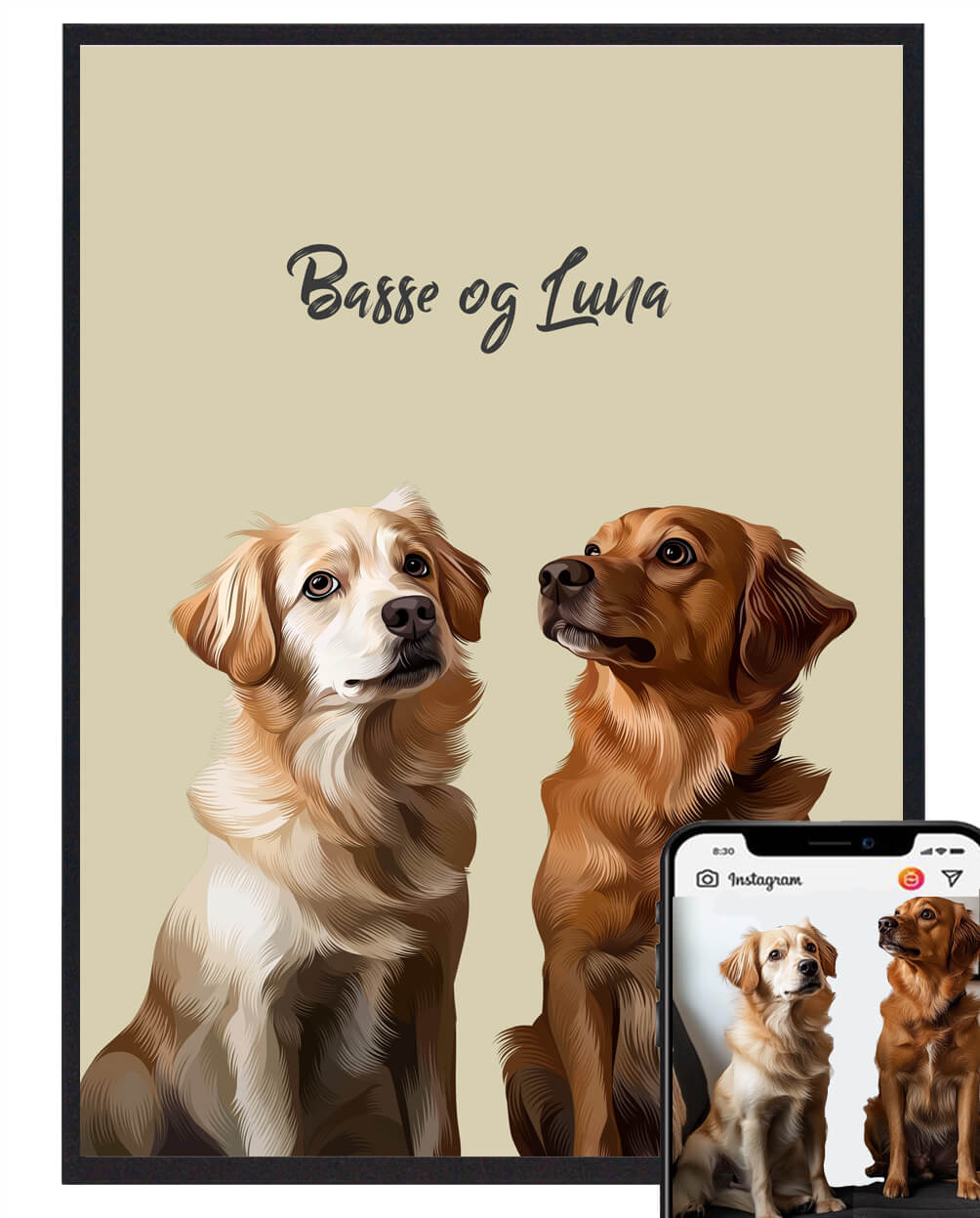 Hundeportræt Med 2 Hunde Og Hel Krop Plakat Farvet Baggrund Størrelse: L 50x70cm B2