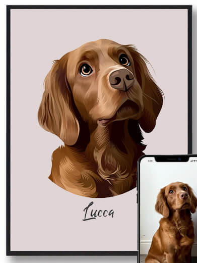 Personligt hundeportræt med lyserød baggrund – Upload et foto af din hund og få et flot portræt med navn. Vælg lyserød baggrund eller en anden farve, der passer til din stil og indretning.