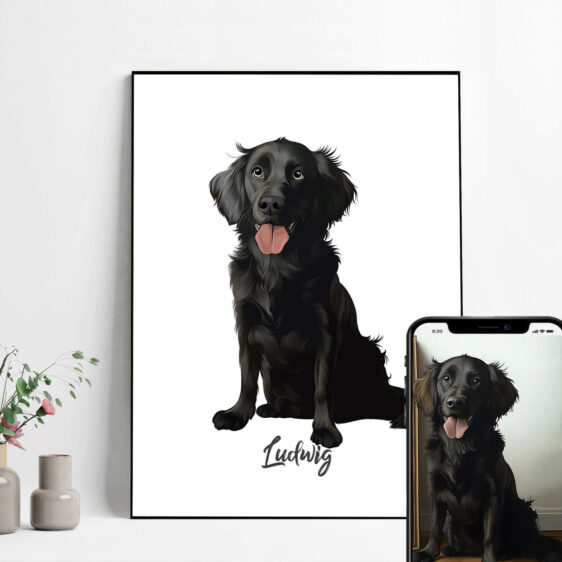 Fuld figur hundeportræt med hvid baggrund – Få et smukt og elegant hundeportræt, der fanger din hund i fuld figur på en klassisk hvid baggrund. Tilføj navnet på din hund for at give det et personligt touch, perfekt til gave eller vægkunst.