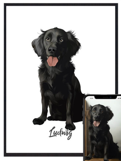 Hundeportræt i fuld figur med hvid baggrund – Skab et tidløst hundeportræt, der fremhæver din hund i fuld figur på en ren hvid baggrund. Personliggør portrættet med din hunds navn, ideelt som gave eller som en del af din indretning.