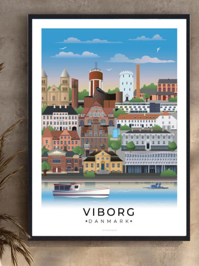 Denne illustration af Viborg fanger byens unikke arkitektur, herunder imponerende kirker og bygninger langs den stille sø, der afspejler byens charme.