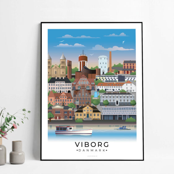 Farverig og livlig Viborgplakat, der illustrerer byens historiske centrum og en rolig bådtur på søen, omgivet af smukke bygninger.