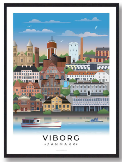 Plakat af Viborg, der viser en smuk blanding af gamle og moderne bygninger, et klart himmel, grønne områder og en båd på søen for en idyllisk bystemning.
