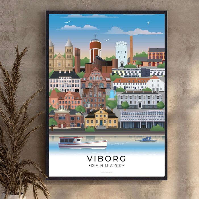 Denne Viborgplakat viser en detaljeret illustration af byens arkitektur, herunder kirker, gamle bygninger og moderne strukturer langs vandet.