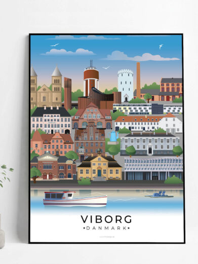 Viborg plakat, der skildrer byens smukke landskab med farverige bygninger, historiske monumenter og båd på søen. Et stilfuldt bybillede af Viborg.