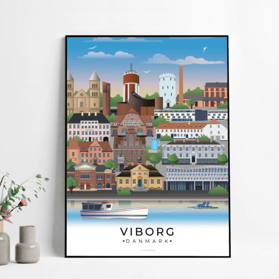 Viborg plakat, der skildrer byens smukke landskab med farverige bygninger, historiske monumenter og båd på søen. Et stilfuldt bybillede af Viborg.