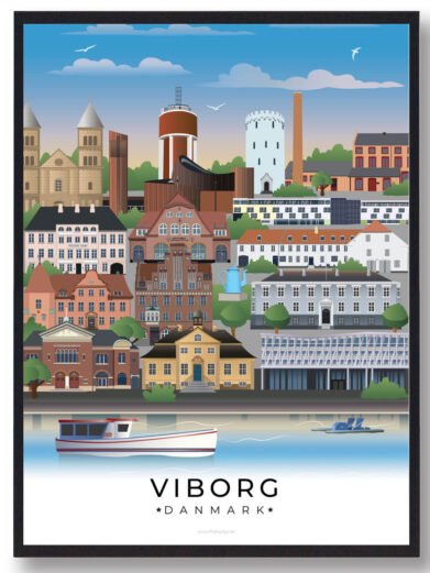 Plakaten fanger det karakteristiske landskab i Viborg, hvor bygninger som kirker og fabrikker blandes med et fredeligt vandlandskab og en båd.