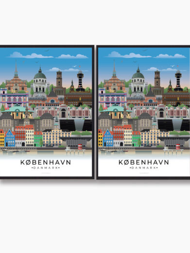 Et sæt plakater, der fremhæver Københavns vartegn som Den Lille Havfrue, Nyhavn og Rundetårn, hver med en moderne og kunstnerisk stil, der fanger byens charme og atmosfære.