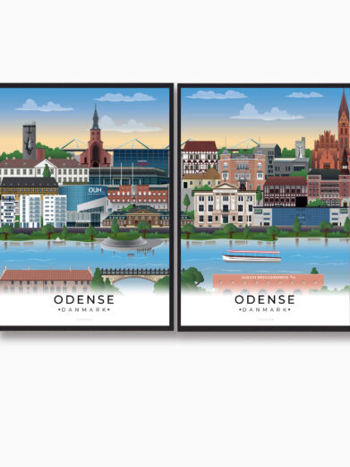 Et plakatsæt, der viser Odenses mest ikoniske steder, som H.C. Andersens hus, Munke Mose og Odense Zoo, i et moderne og kunstnerisk design, der afspejler byens historiske og kulturelle charme.