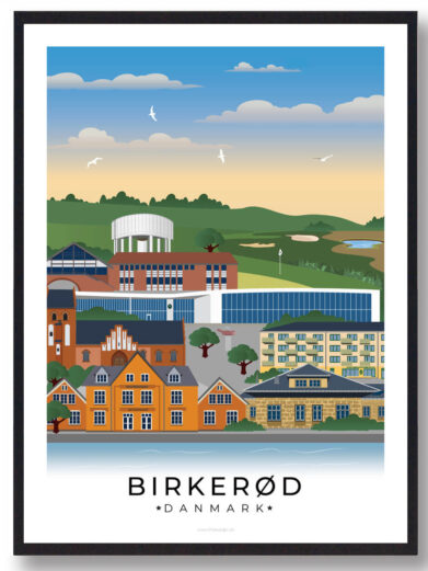 En elegant byplakat, der fremhæver Birkerøds vartegn, indrammet af en klassisk hvid kant.