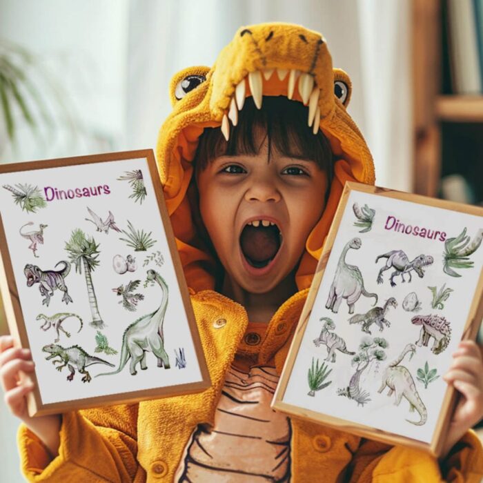 Dreng i dinokostume, der holder to dinosaurplakater i ramme