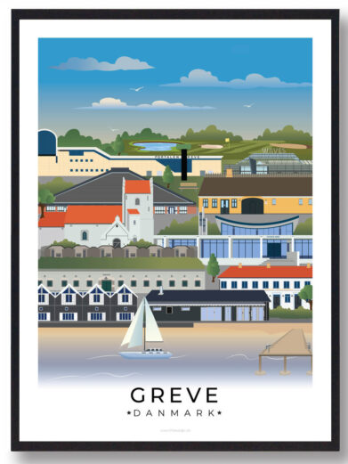 En elegant byplakat, der fremhæver Greves vartegn, indrammet af en klassisk hvid kant.