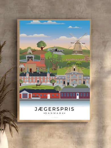 Moderne og minimalistisk byplakat med Jægerspris’ unikke vartegn. En stilfuld tilføjelse til hjemmet.