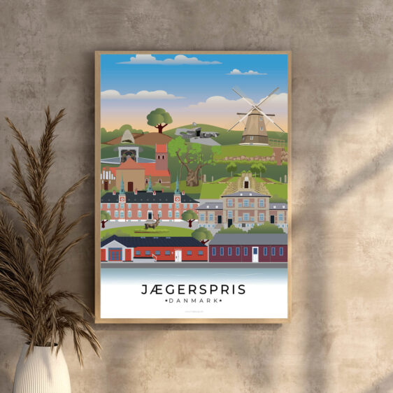 Moderne og minimalistisk byplakat med Jægerspris’ unikke vartegn. En stilfuld tilføjelse til hjemmet.