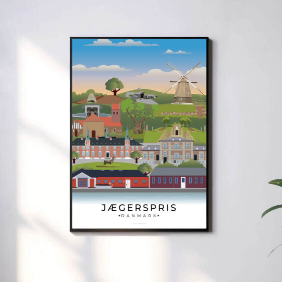 En smuk og detaljeret plakat, hvor Jægerspris’ vartegn forenes i et harmonisk motiv.