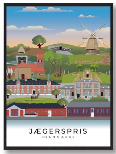 En stilren byplakat, der indfanger Jægerspris’ mest ikoniske vartegn. Perfekt til enhver, der holder af byen.