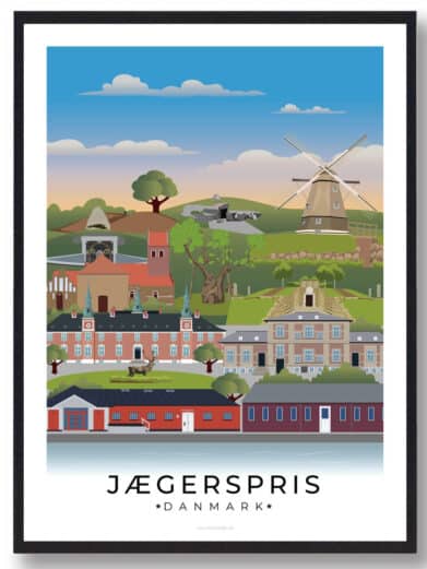 En elegant byplakat, der fremhæver Jægerspris’ vartegn, indrammet af en klassisk hvid kant.