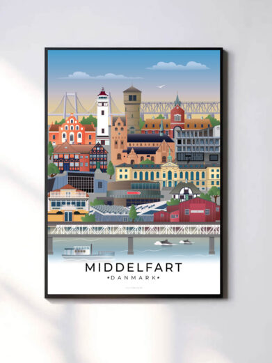 Moderne og minimalistisk byplakat med Middelfarts unikke vartegn. En stilfuld tilføjelse til hjemmet.