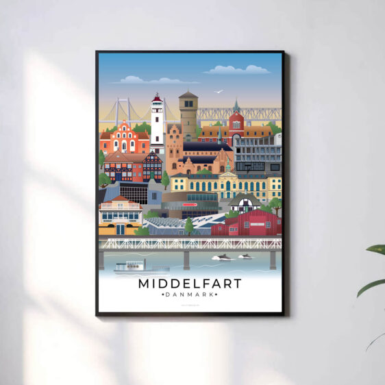 Moderne og minimalistisk byplakat med Middelfarts unikke vartegn. En stilfuld tilføjelse til hjemmet.