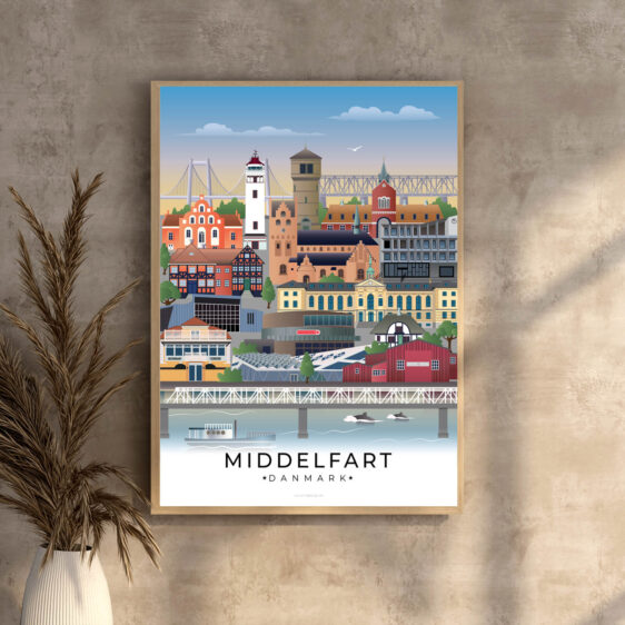 En smuk og detaljeret plakat, hvor Middelfarts vartegn forenes i et harmonisk motiv.