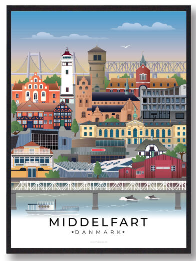 En stilren byplakat, der indfanger Middelfarts mest ikoniske vartegn. Perfekt til enhver, der holder af byen.