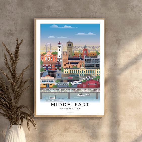 En grafisk flot byplakat med Middelfarts vartegn og en elegant hvid kant, der skaber en flot ramme om motivet.