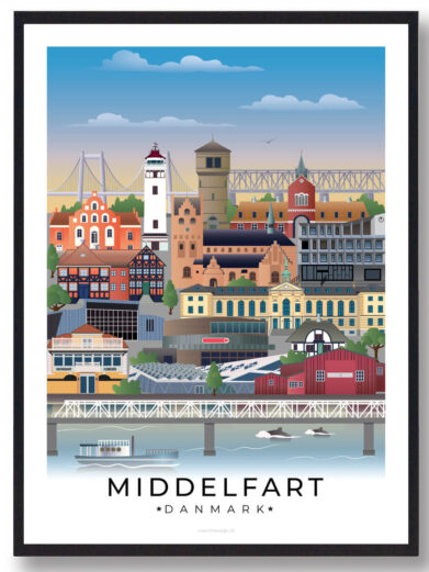 En elegant byplakat, der fremhæver Middelfarts vartegn, indrammet af en klassisk hvid kant.