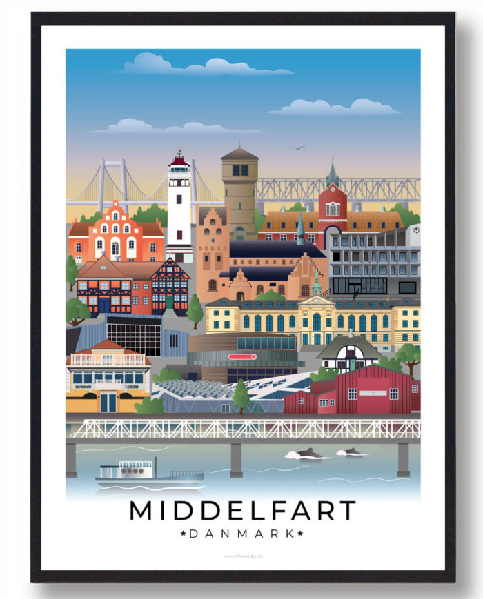 En elegant byplakat, der fremhæver Middelfarts vartegn, indrammet af en klassisk hvid kant.