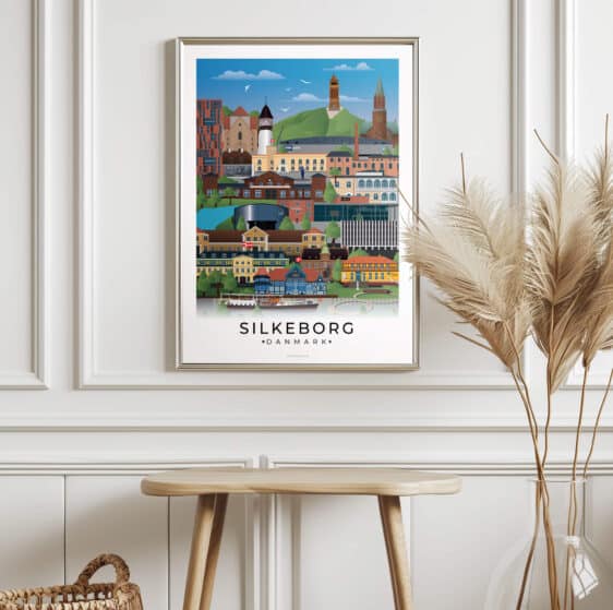 Silkeborg byplakat med bybillede i Midtjylland. Flot plakat med detaljer, nu på tilbud!