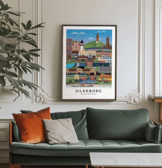 Farverig Silkeborg byplakat med bybillede i Midtjylland. Detaljeret illustration af Silkeborgs vartegn. Plakaten er på tilbud!