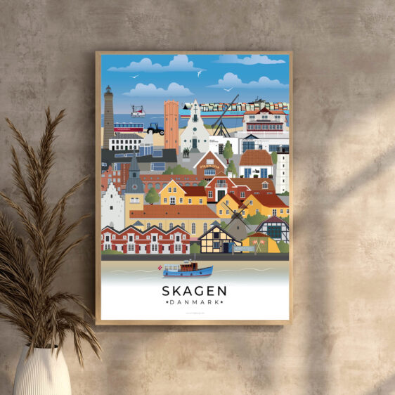 En smuk og detaljeret plakat, hvor Skagens vartegn forenes i et harmonisk motiv.