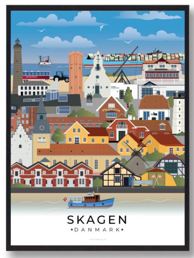 En stilren byplakat, der indfanger Skagens mest ikoniske vartegn. Perfekt til enhver, der holder af byen.