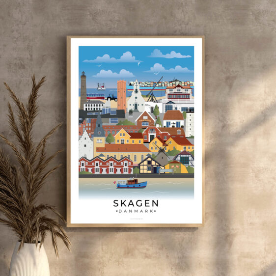 En grafisk flot byplakat med Skagens vartegn og en elegant hvid kant, der skaber en flot ramme om motivet.